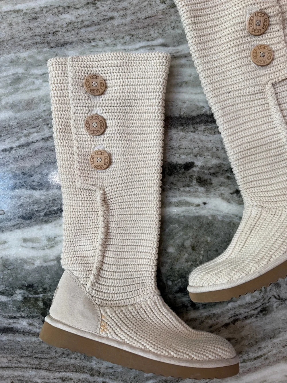 UGG Classic Cardy Over-the-Knee Knit Boots in Cream with Button Accents Size 8
